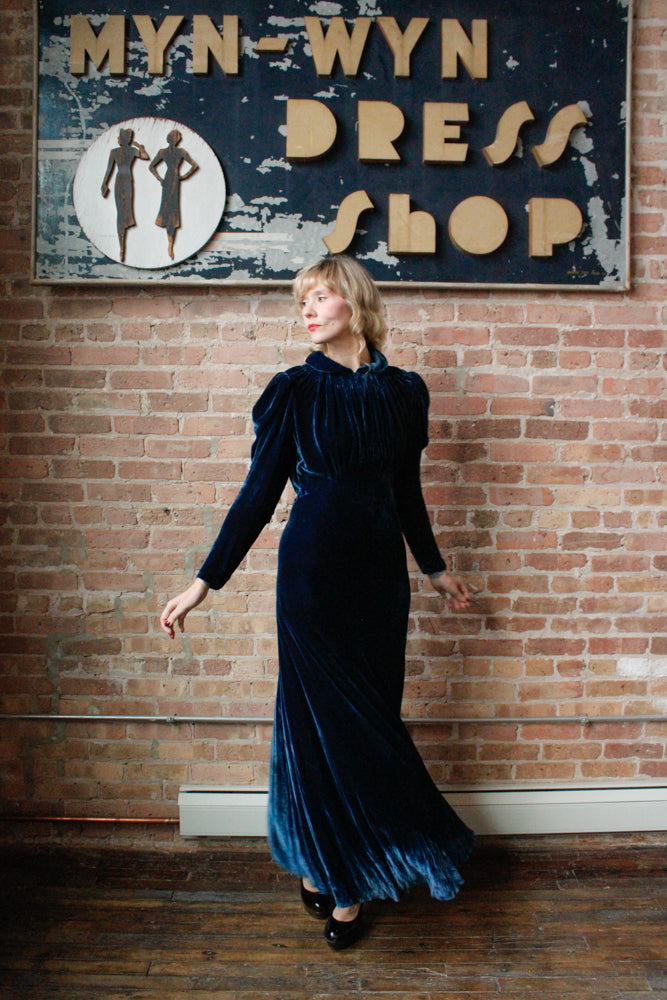 1930s Sapphire Long Sleeve Silk Velvet Gown - S/M