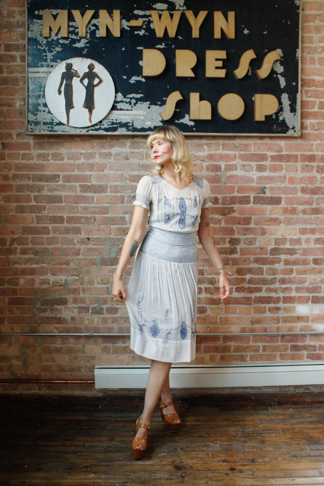 1930s Hungarian Blue Embroidered Cotton Voile Dress - Xs/S