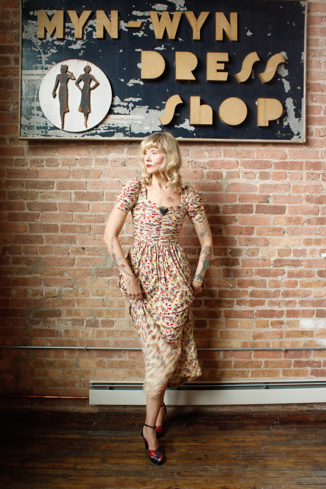 1930s Rayon Jersey Floral Gown with Bakelite clip - Xsmall