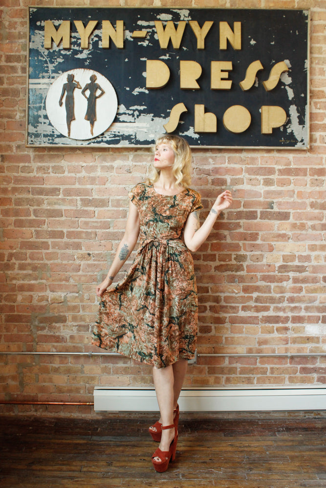 1940s Silk Birds of a Feather Dress - Small