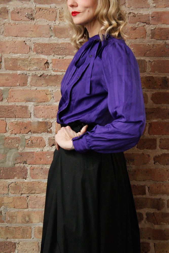 1980s YSL Embossed Logo Purple Blouse - S/M