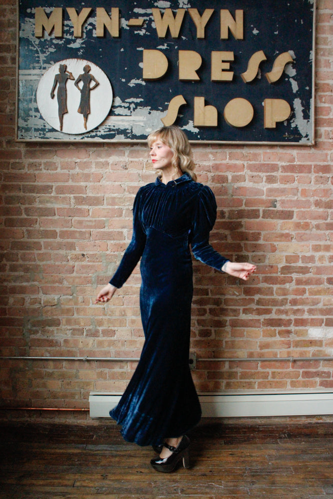 1930s Sapphire Long Sleeve Silk Velvet Gown - S/M