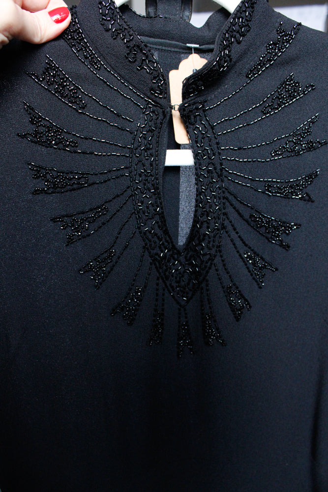 1940s Black Crepe Beaded Dress - Medium 