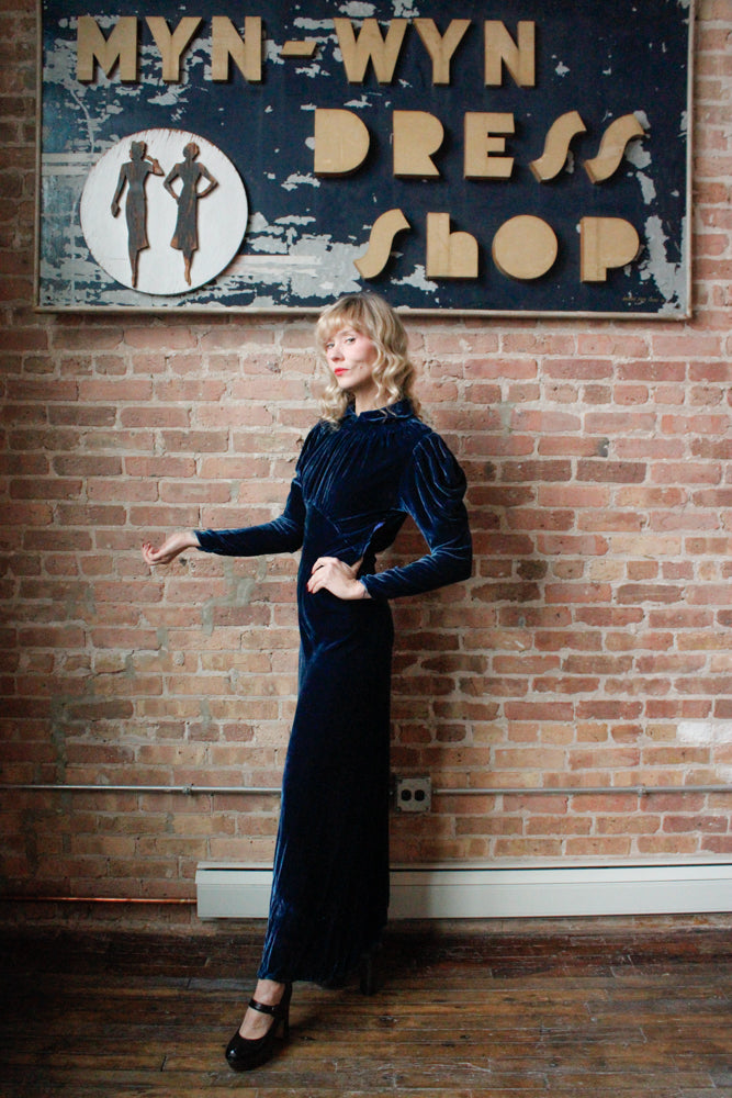 1930s Sapphire Long Sleeve Silk Velvet Gown - S/M