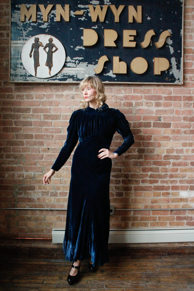 1930s Sapphire Long Sleeve Silk Velvet Gown - S/M