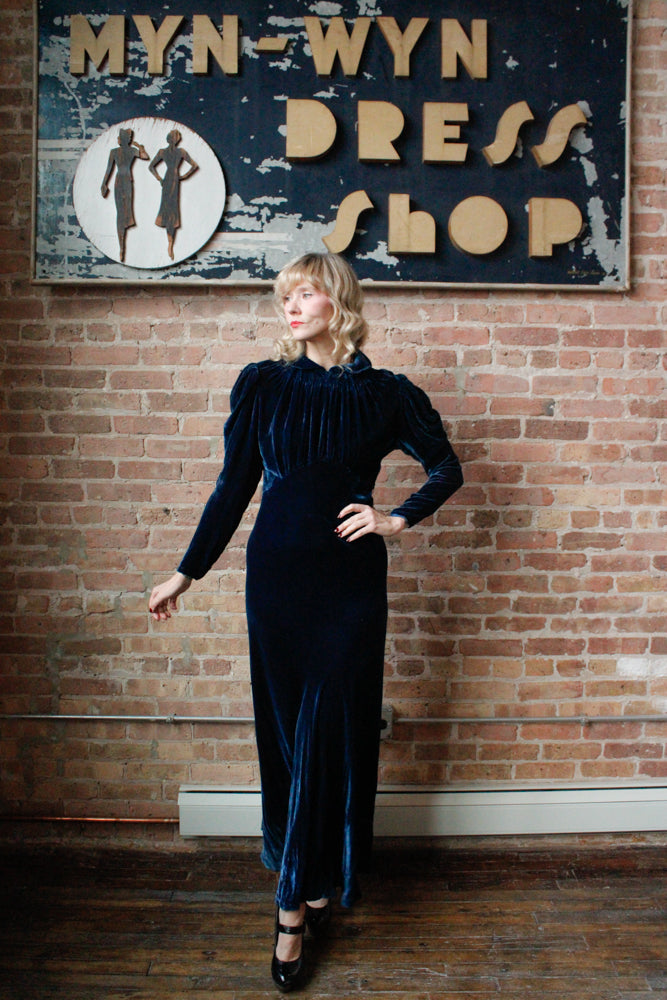 1930s Sapphire Long Sleeve Silk Velvet Gown - S/M
