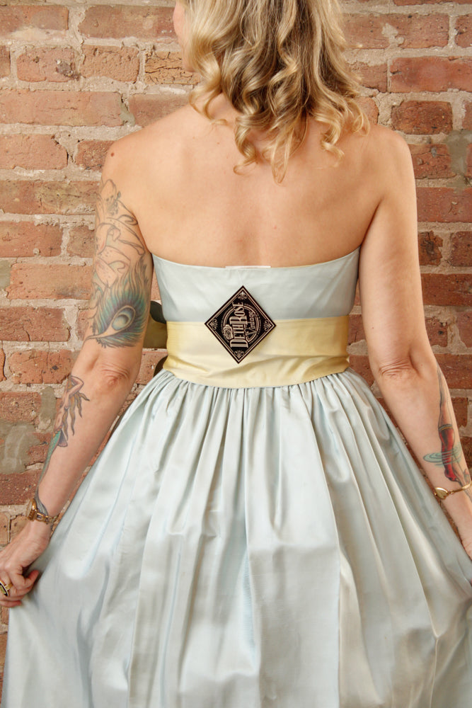 1980s SkyBlue & Yellow Two Tone Taffeta Halter Gown - Small