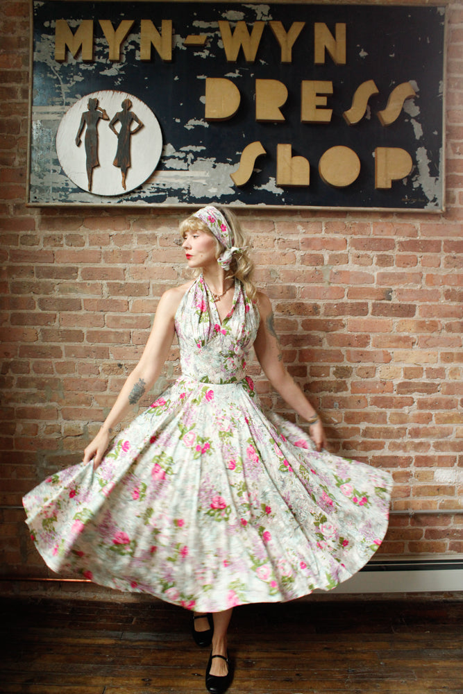 1950s Silk Floral Halter Dress & Scarf - Xsmall
