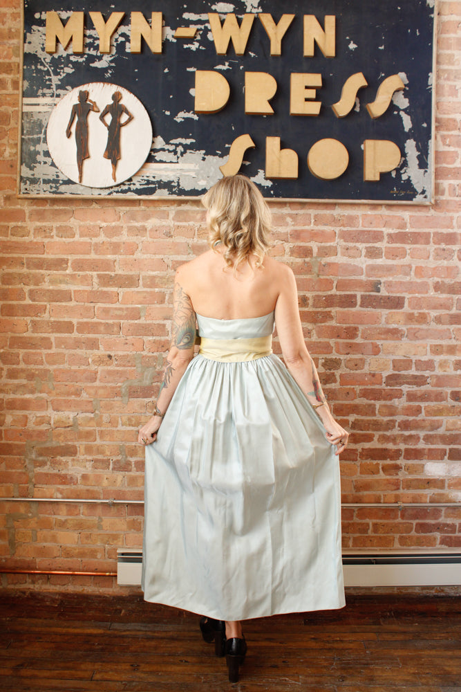 1980s SkyBlue & Yellow Two Tone Taffeta Halter Gown - Small