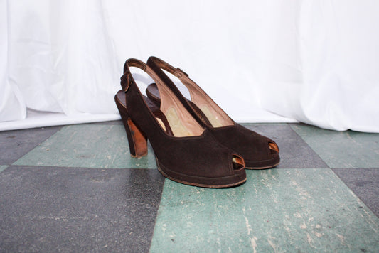 1940s I. Miller Brown Brushed Leather Slingback Heels - 7.5N