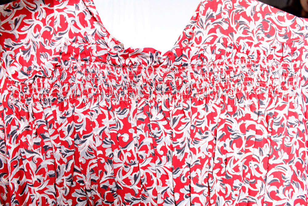1930s Feather Print Red Rayon Puff Sleeve Dress - Medium