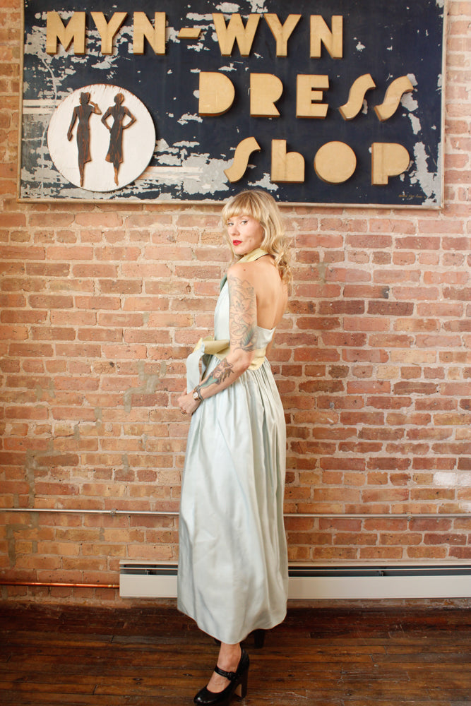 1980s SkyBlue & Yellow Two Tone Taffeta Halter Gown - Small