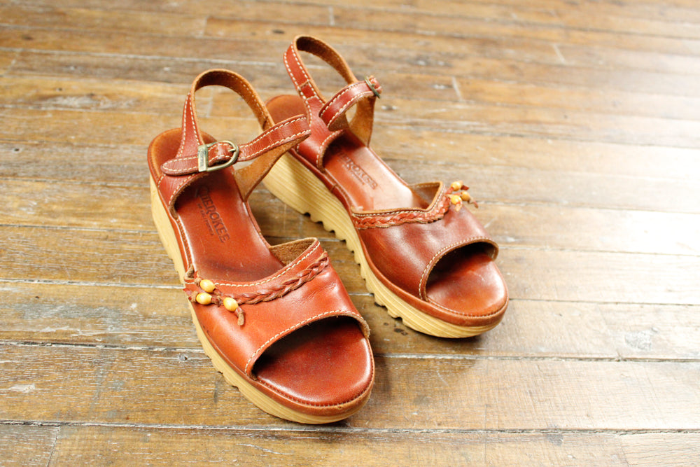 1970s Cherokee Leather Wedge Platform Sandals - 8M