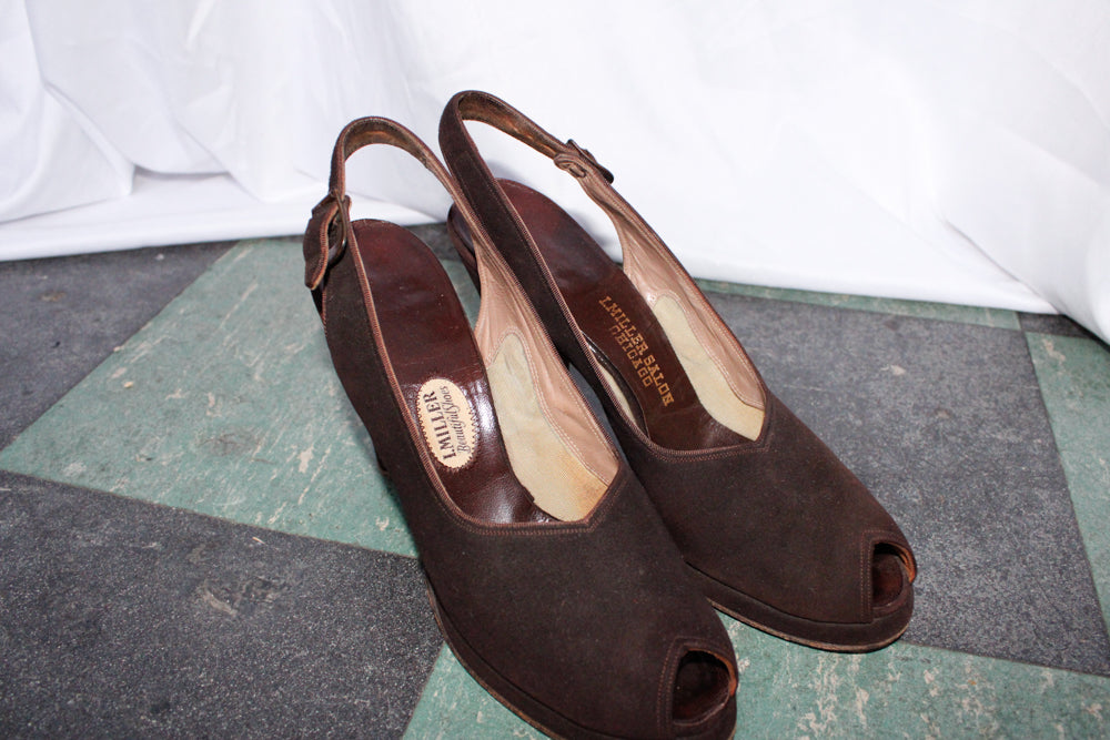 1940s I. Miller Brown Brushed Leather Slingback Heels - 7.5N