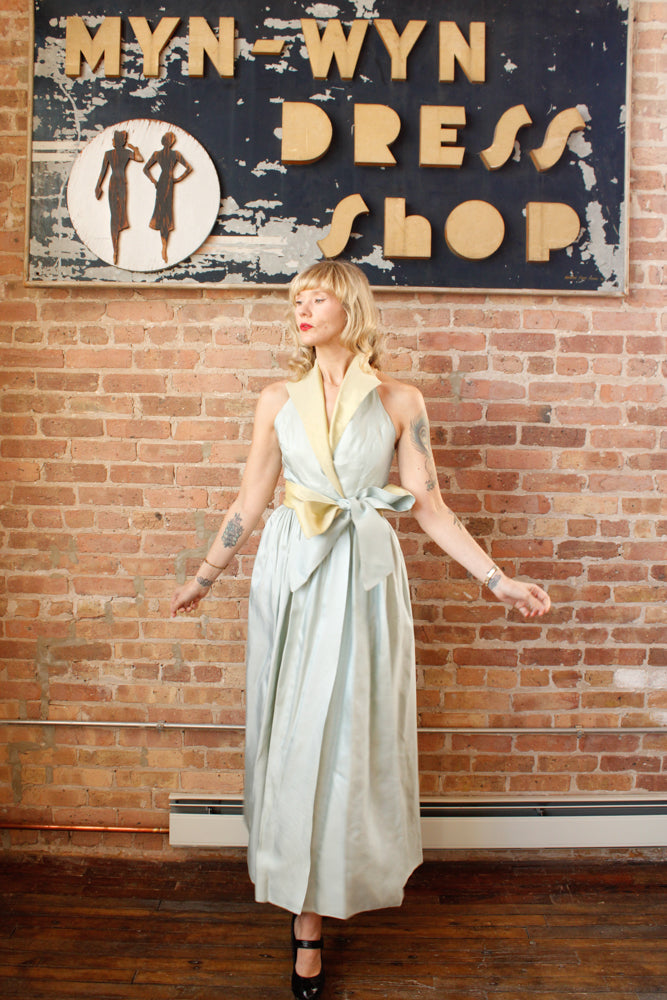 1980s SkyBlue & Yellow Two Tone Taffeta Halter Gown - Small