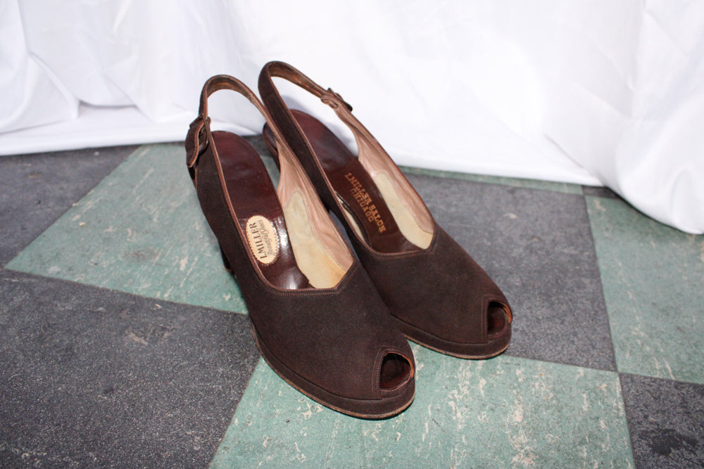 1940s I. Miller Brown Brushed Leather Slingback Heels - 7.5N