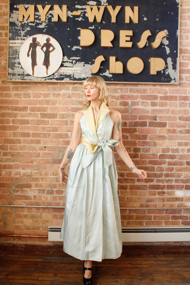 1980s SkyBlue & Yellow Two Tone Taffeta Halter Gown - Small