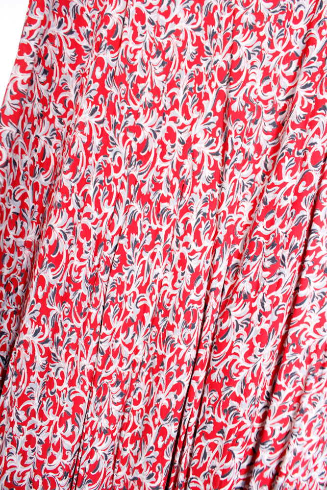 1930s Feather Print Red Rayon Puff Sleeve Dress - Medium