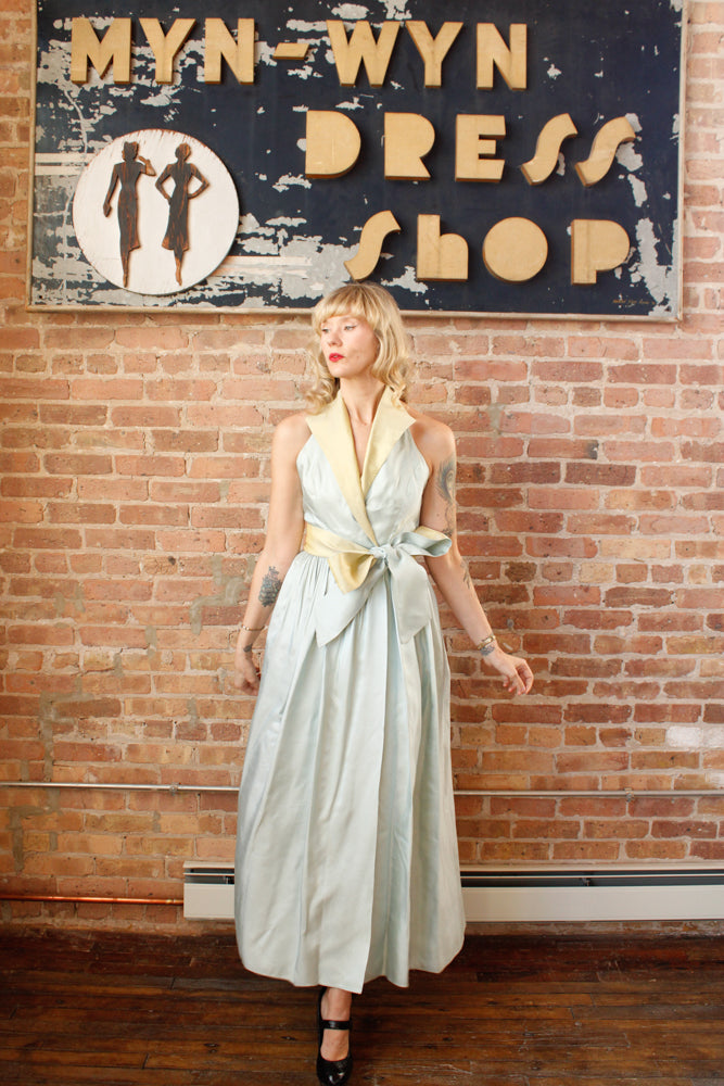 1980s SkyBlue & Yellow Two Tone Taffeta Halter Gown - Small