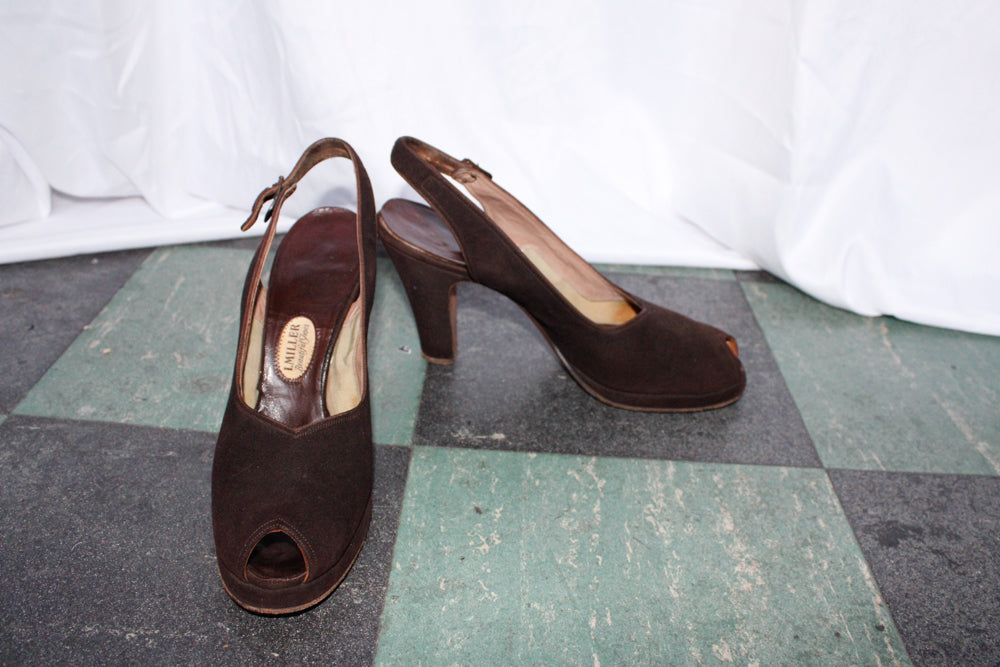 1940s I. Miller Brown Brushed Leather Slingback Heels - 7.5N