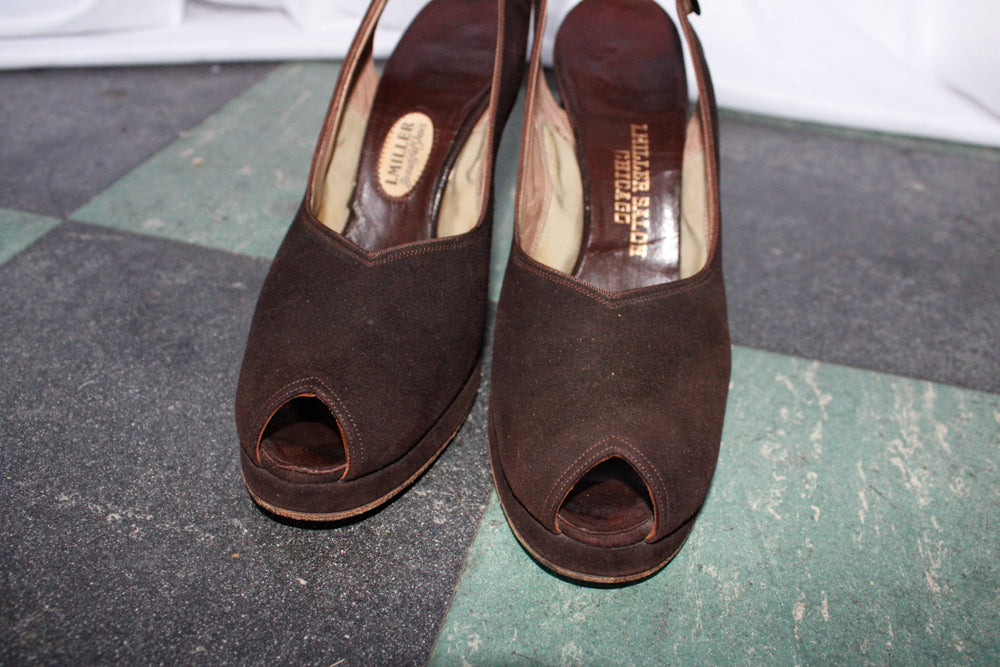 1940s I. Miller Brown Brushed Leather Slingback Heels - 7.5N