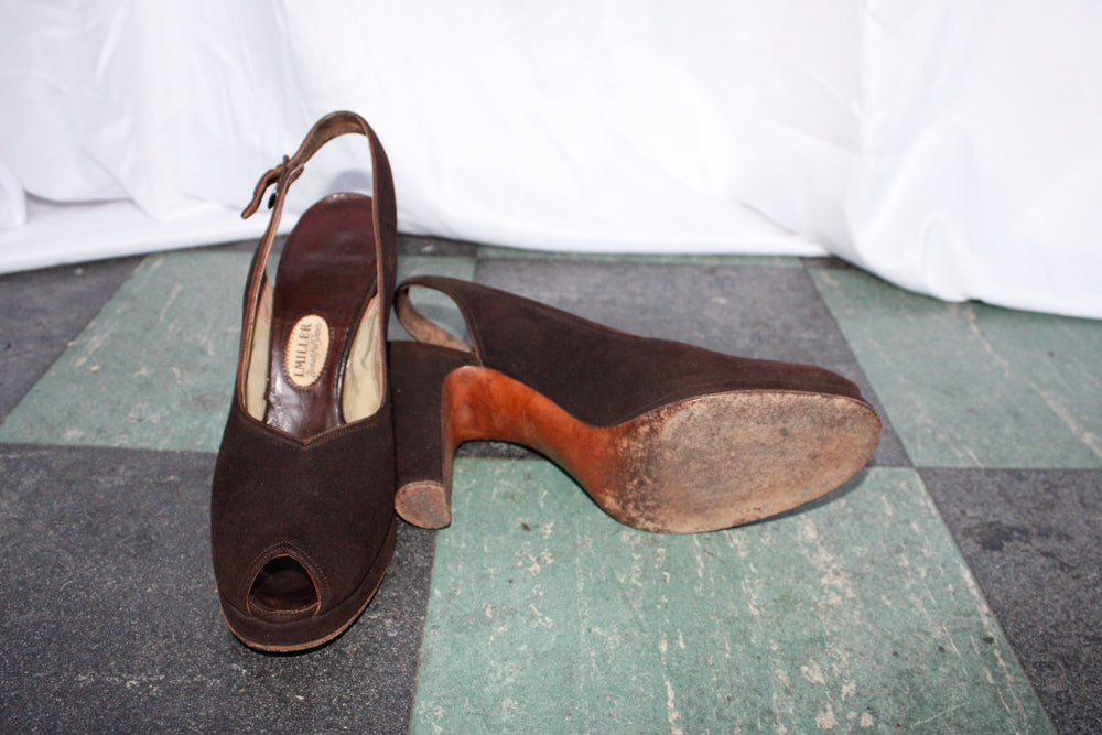 1940s I. Miller Brown Brushed Leather Slingback Heels - 7.5N