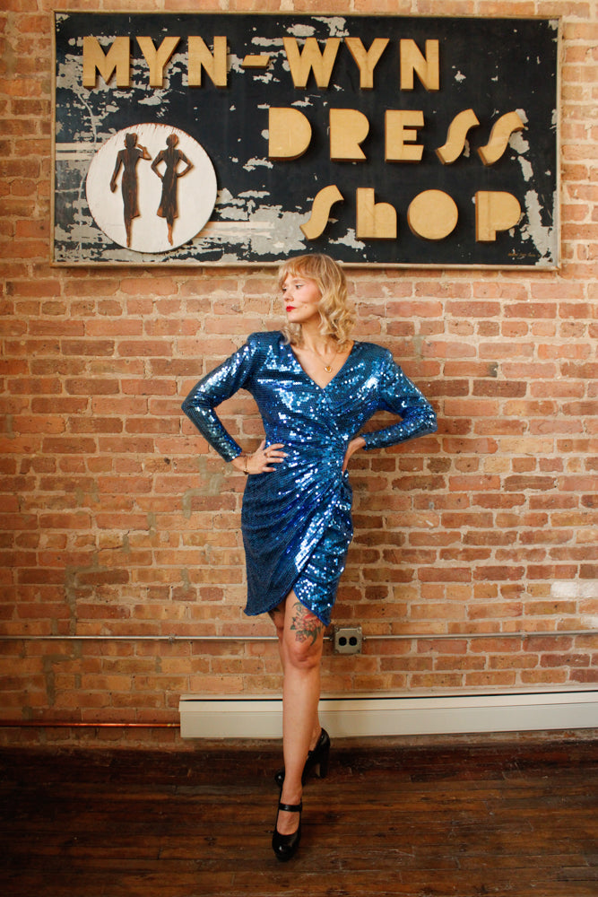 1990s Blue Sequin Dynasty Dress - Medium