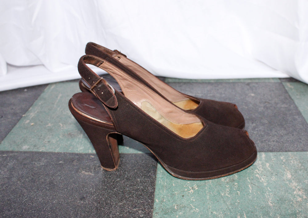 1940s I. Miller Brown Brushed Leather Slingback Heels - 7.5N