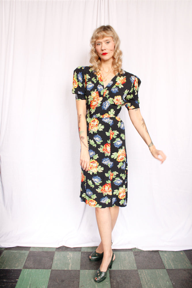 1940s Floral Puff Sleeve Rayon Dress - Small