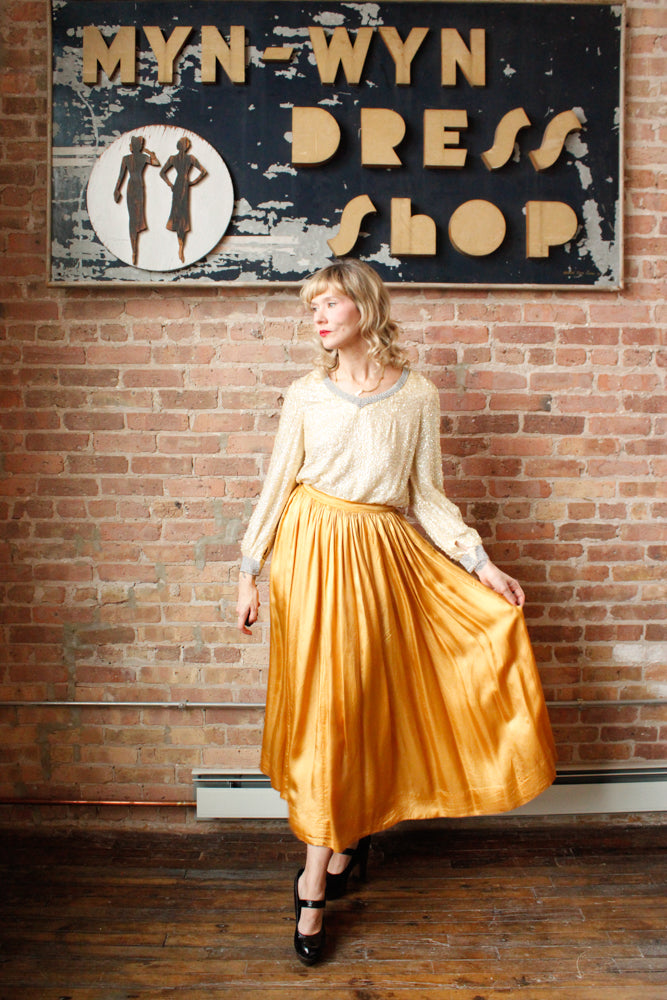 1960s Sequin & Beaded Rayon Top - Medium & 1940s Hand Made Gold Maxi Skirt - 28" Waist