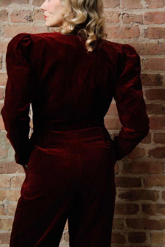 1980s Burgundy Velvet Jumpsuit - Med