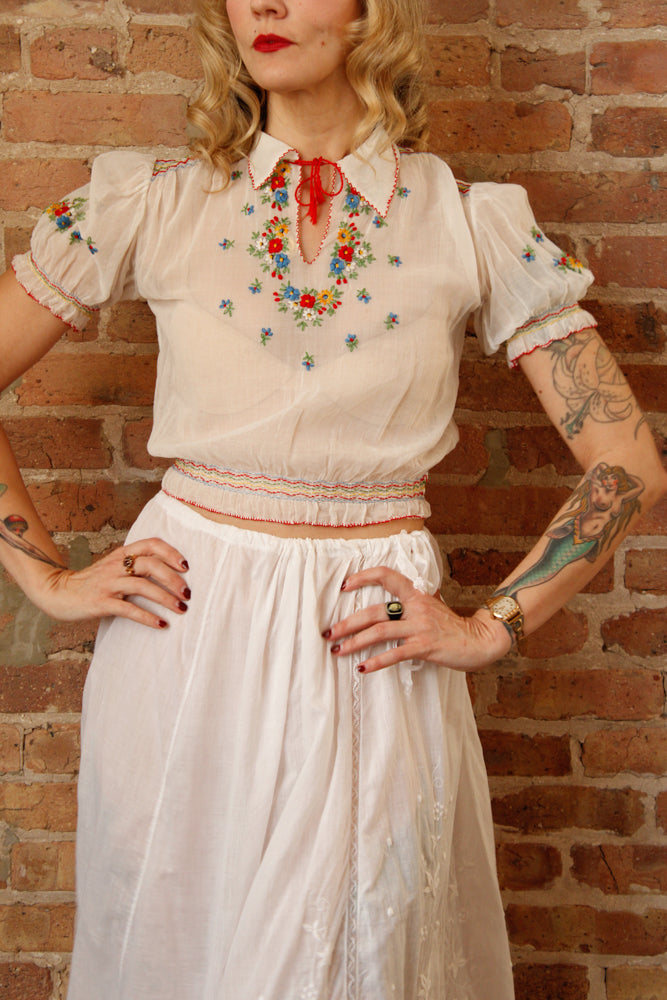 1940s Hungarian Cotton Gauze Floral Embroidered Top - Xsmall  & 1900s Cotton Embroidered & Lace Skirt - Fits Small to XL 