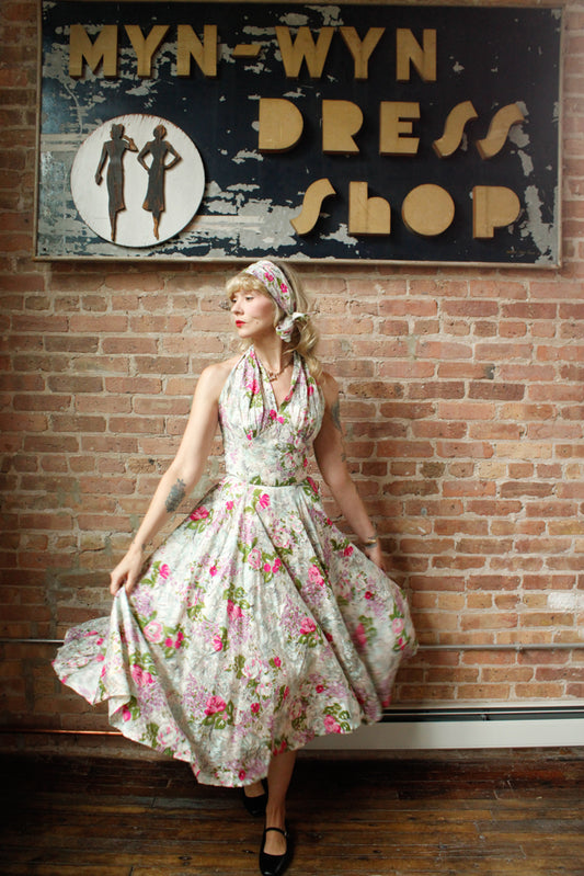 1950s Silk Floral Halter Dress & Scarf - Xsmall