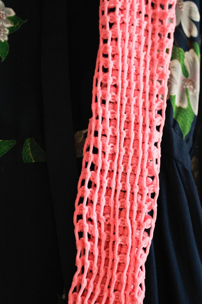 1930s Hand Knit Bright Pink Thigh High Fishnet Stockings