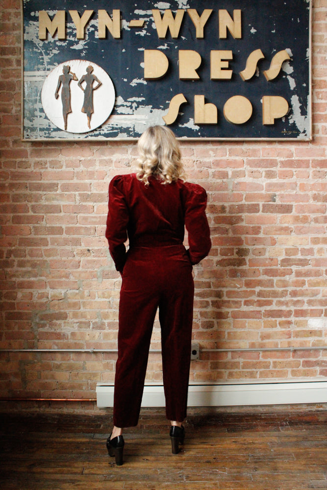 1980s Burgundy Velvet Jumpsuit - Med