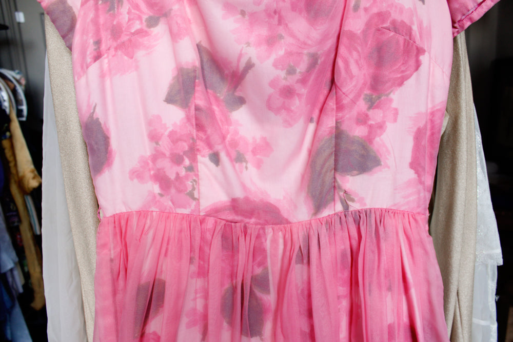 Late 1950s Rose Print Cotton & Nylon Dress - Medium