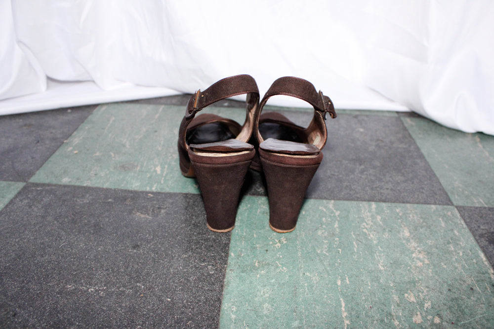 1940s I. Miller Brown Brushed Leather Slingback Heels - 7.5N