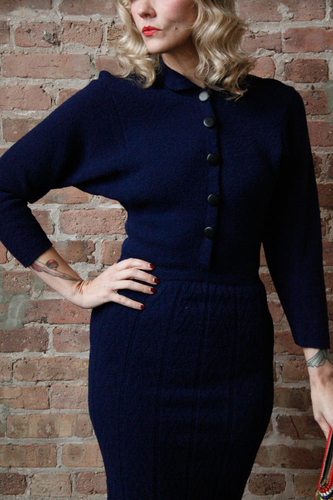 1950s Blue Knit Wiggle Dress - S/M