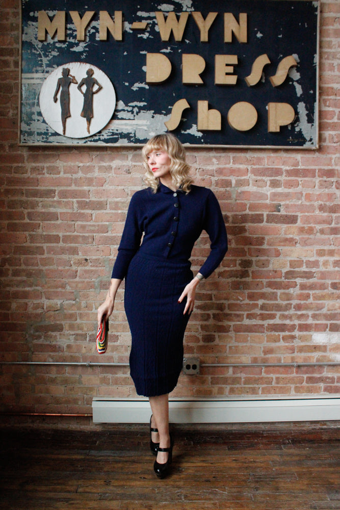 1950s Blue Knit Wiggle Dress - S/M
