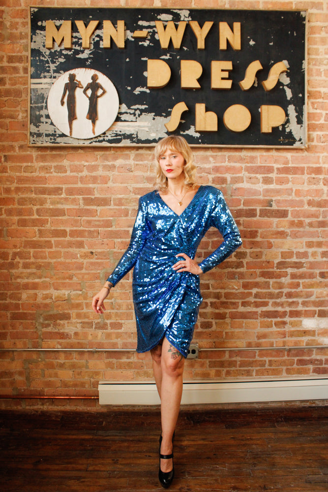 1990s Blue Sequin Dynasty Dress - Medium
