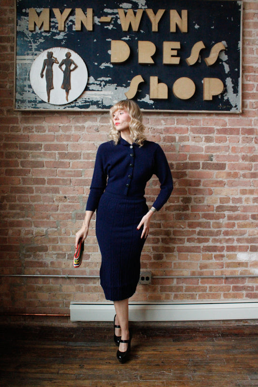 1950s Blue Knit Wiggle Dress - S/M