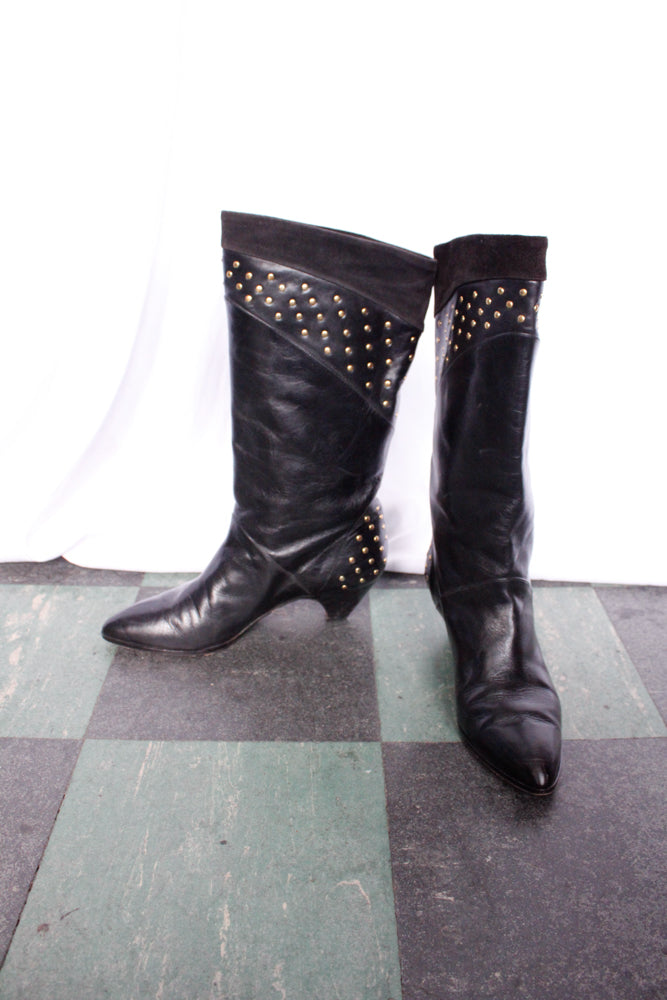 1990s Studded Black Leather Boots - 8.5B
