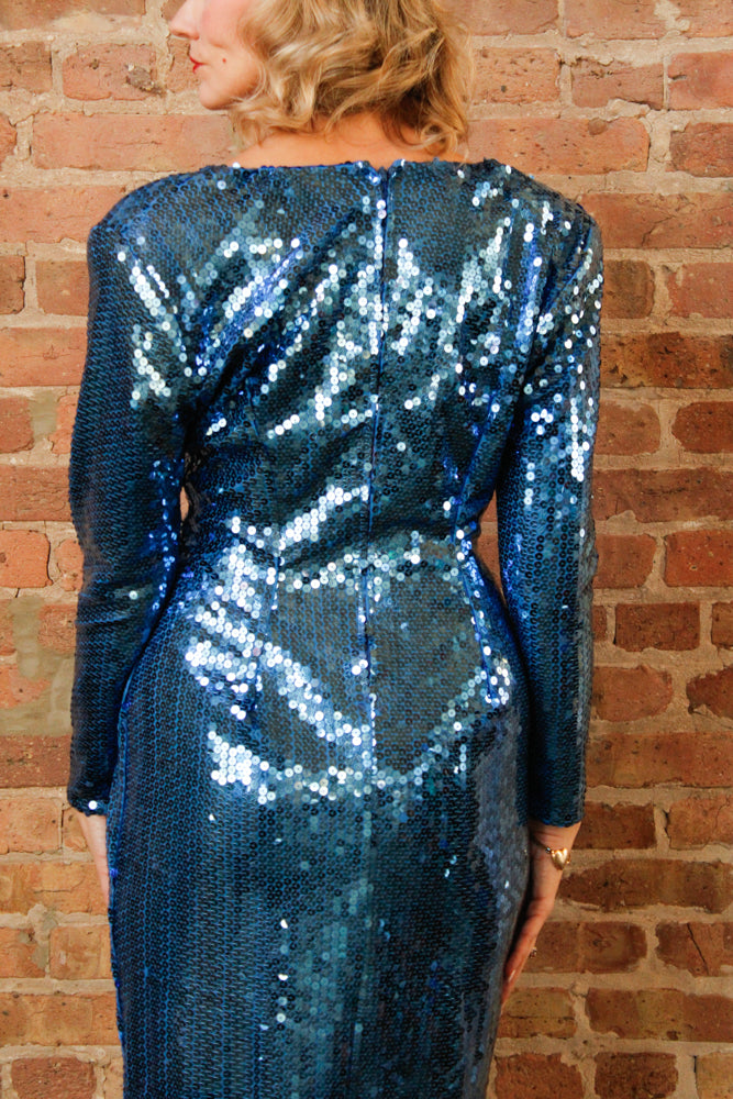 1990s Blue Sequin Dynasty Dress - Medium