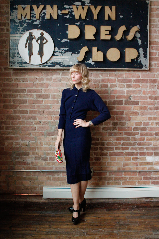 1950s Blue Knit Wiggle Dress - S/M