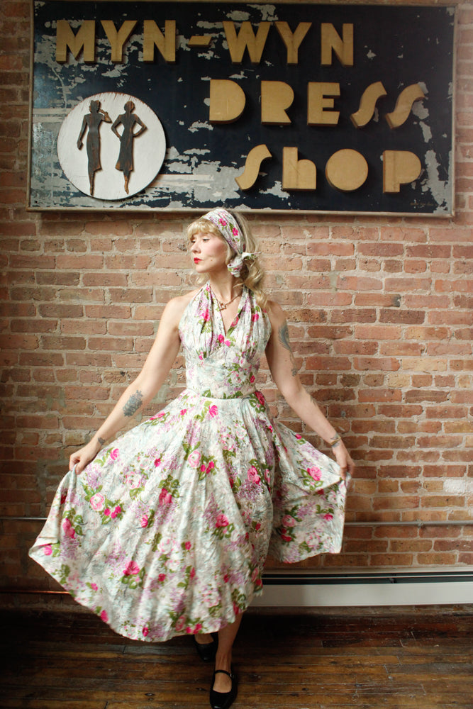 1950s Silk Floral Halter Dress & Scarf - Xsmall