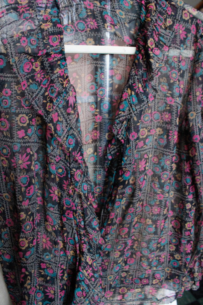 1920s Floral Sheer Silk Wrap Blouse - Large