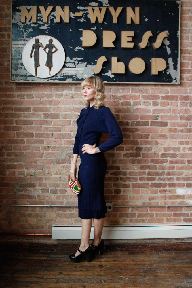 1950s Blue Knit Wiggle Dress - S/M