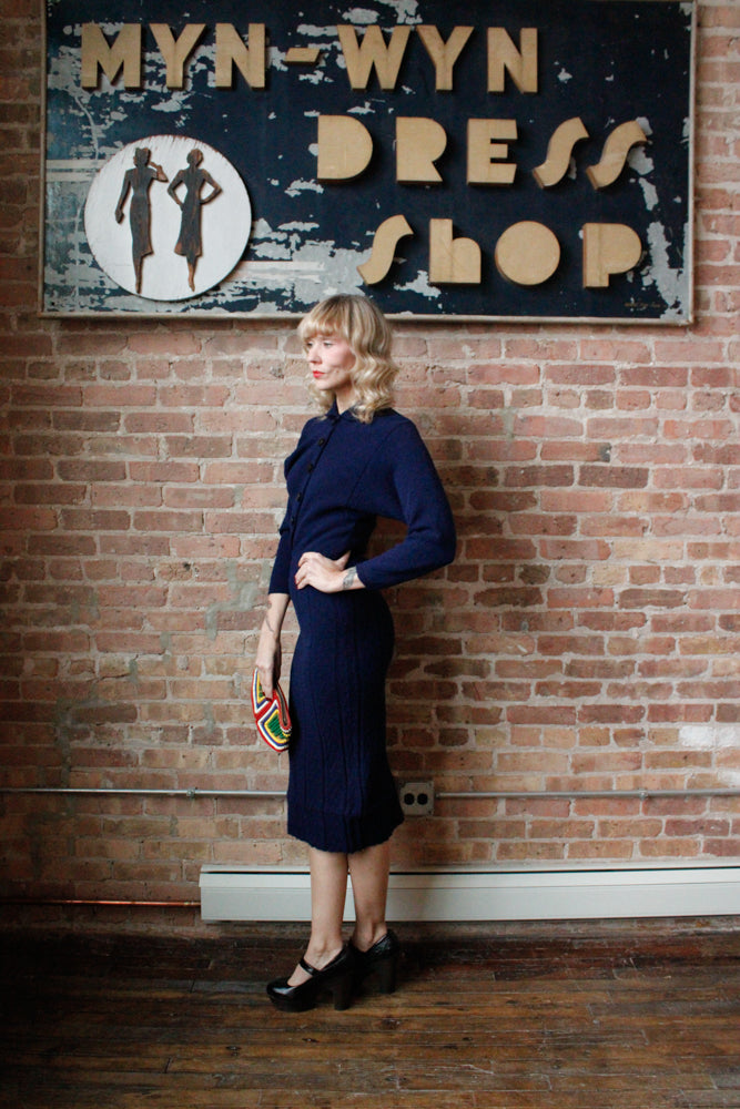 1950s Blue Knit Wiggle Dress - S/M