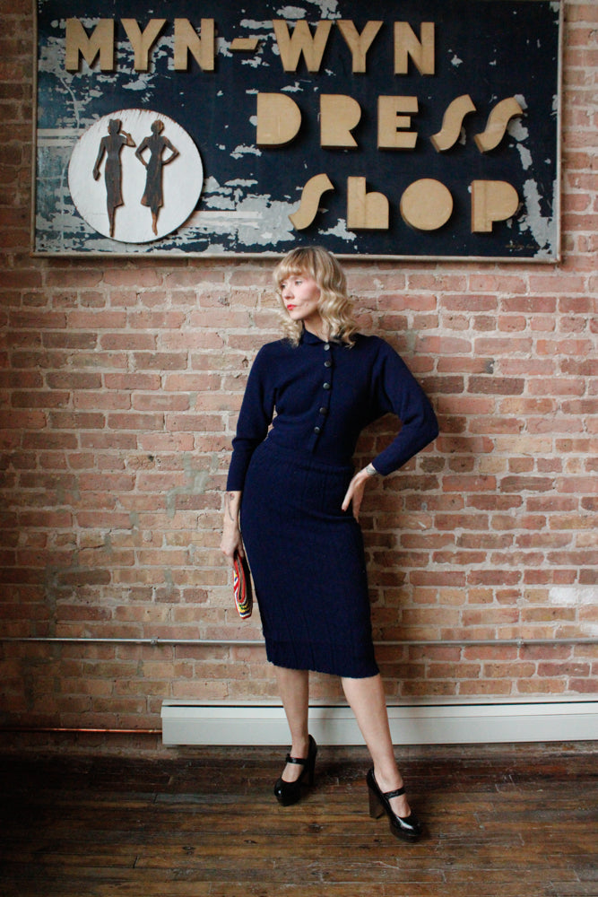 1950s Blue Knit Wiggle Dress - S/M