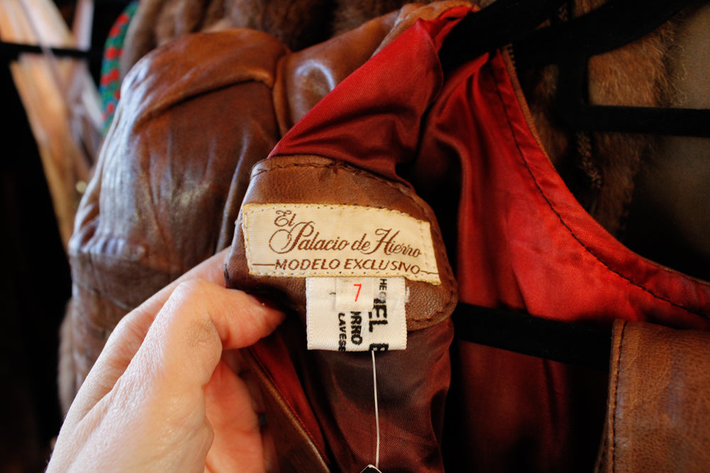 1980s Brown Leather Fitted Dress with Belt - Xs/S